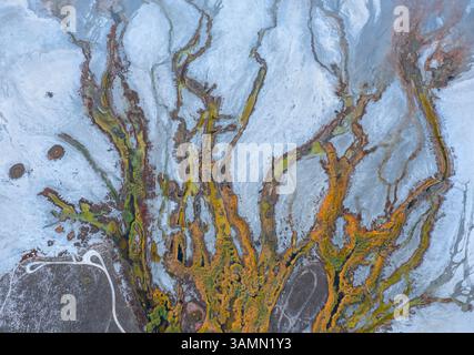 Vista aerea della formazione astratta di acqua lungo la costa del lago Elton, un grande lago salato con minerali a Vengelovskoe, Oblast' di Volgograd, Russia. Foto Stock