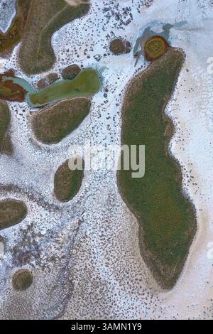 Vista aerea della formazione astratta di acqua lungo la costa del lago Elton, un grande lago salato con minerali a Vengelovskoe, Oblast' di Volgograd, Russia. Foto Stock