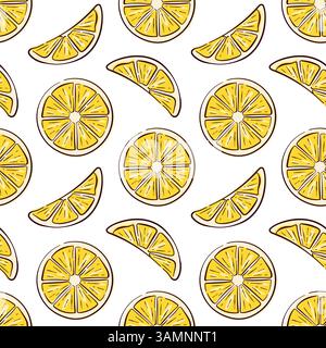 Fetta di limone colorata con motivo di agrumi senza cuciture su sfondo bianco. Ideale per il confezionamento, la carta da imballaggio, la stampa da cucina e i progetti a tema alimentare. Illustrazione Vettoriale