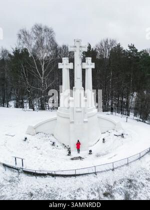 Vista aerea del monumento a tre croci circondato da alberi innevati in inverno, Vilnius, Lituania. Foto Stock