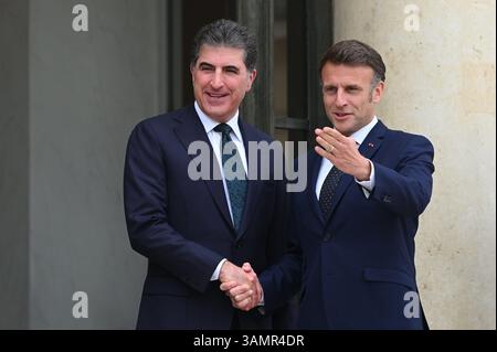 Parigi, Francia. 14 aprile 2025. Il presidente della Repubblica, Emmanuel Macron, ha ricevuto il presidente del governo regionale del Kurdistan iracheno, Nechirvan Barzani, per pranzo al Palazzo Elysee il 14 aprile 2025. - 14/04/2025 - Francia/Ile-de-France (regione)/Parigi - Julien Mattia/le Pictorium credito: LE PICTORIUM/Alamy Live News Foto Stock