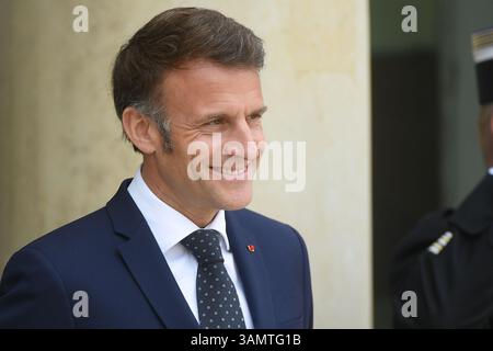 Parigi, Francia. 14 aprile 2025. Il Presidente Emmanuel Macron, pranzo di lavoro con Netchirvan Barzani, Presidente della regione autonoma del Kurdistan dell'Iraq, all'Elysee Palace di Parigi, in Francia, il 14 aprile 2025. (Foto di Lionel Urman/Sipa USA) credito: SIPA USA/Alamy Live News Foto Stock