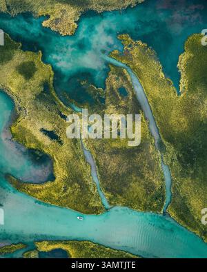 Vista aerea dell'affluente del fiume dall'alto vicino al lago, Verkh-Uymonskoe, regione di Altai, Russia. Foto Stock