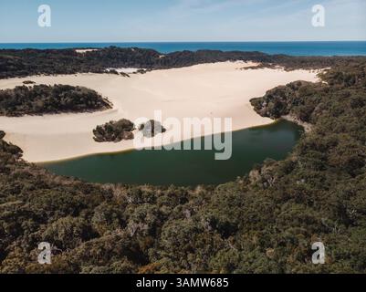 Vista aerea del Lago Wabby circondato da una lussureggiante foresta pluviale e da un'enorme duna di sabbia, Fraser Island, Australia. Foto Stock