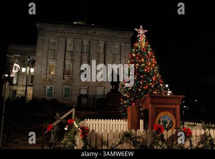 12 dicembre 2013 - Raleigh, North Carolina, U. S - Un albero di Natale si illumina di fronte alla capitale dello stato del North Carolina per le festività natalizie. (Immagine di credito: © Wes Hight/ZUMAPRESS.com) Foto Stock