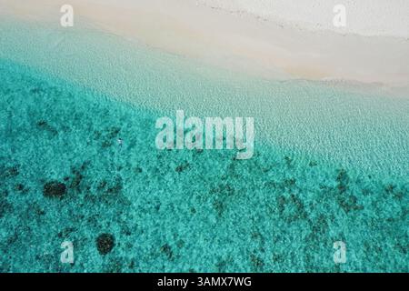 Vista aerea di un uomo che nuota sulla spiaggia con acqua turchese nella provincia settentrionale delle Maldive Foto Stock