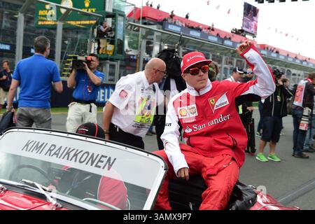 16 marzo 2014 - Melbourne, Victoria, Australia - Kimi Raikkonen (fin) della Scuderia Ferrari alla guida di una Ferrari 059/3 durante la sfilata dei piloti del quarto giorno del Gran Premio d'Australia di Formula 1 2014, Melbourne, Australia. (Immagine di credito: © Theo Karanikos/ZUMAPRESS.com) Foto Stock