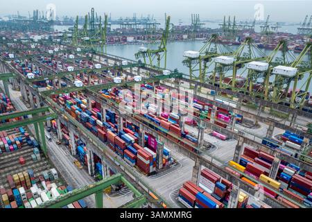Singapore - 27 dicembre 2024: Veduta aerea del porto di pasir panjang con terminal container e gru, Queenstown, South West Community Development Counc Foto Stock