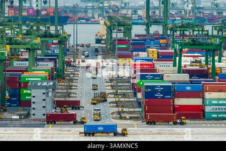 Singapore - 13 dicembre 2024: Vista aerea del terminal container del porto di Pasir Panjang con container impilati e gru, South West Community D Foto Stock