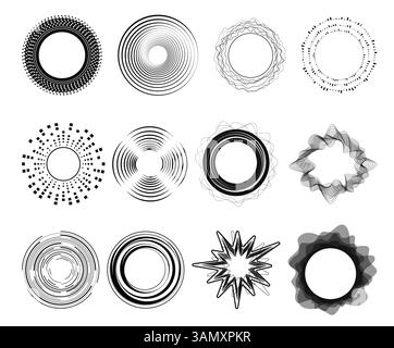 Icone audio circolari. Forme dell'equalizzatore radiale nero, diagrammi delle onde audio, composizioni astratte rotonde, schemi musicali. Forma d'onda geometrica qualitativa Illustrazione Vettoriale