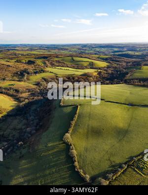 Vista aerea della campagna, dell'agricoltura, all'alba, Bodmin Moor, Cardinham, Cornovaglia, Regno Unito. Foto Stock