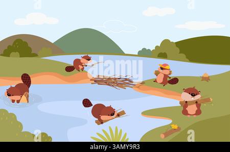 Edificio Beavers. La squadra di castori di cartoni animati costruisce una diga sul fiume da tronchi di legno. Animali selvatici che lavorano insieme, simpatici personaggi della natura, vettoriale di neve Illustrazione Vettoriale