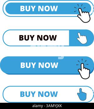 I pulsanti a barre di colore bianco e blu acquistano ora sono isolati su sfondo bianco Illustrazione Vettoriale