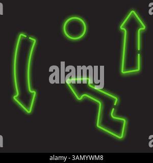 Set vettoriale di frecce al neon verdi luminose su sfondo nero. Puntatori colorati. Simbolo di luce retrò brillante. Emblema per club o bar. Banner con freccia leggera. Illustrazione Vettoriale