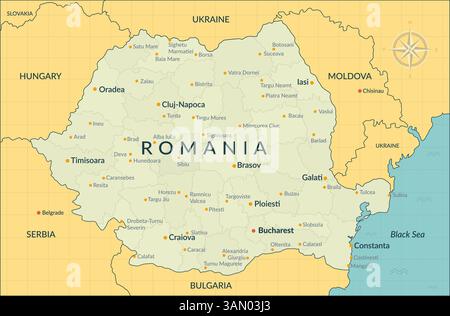 Mappa politica dettagliata della Romania con i confini delle contee, le principali città e i paesi vicini. Romania mappa divisioni amministrative per Illustrazione Vettoriale