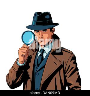Detective porta un personaggio dei cartoni animati con lente d'ingrandimento. Illustrazione vettoriale Illustrazione Vettoriale