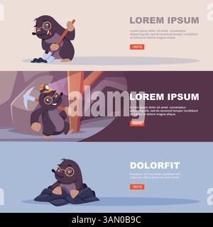 Felice talpa. striscioni vettoriali con immagini di animali selvatici scavatori Illustrazione Vettoriale