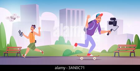 Registi. Vlogger per attrazioni video studio di produzione musicale materiale professionale videografi reporter e attori sfondo esatto dei cartoni animati vettoriali Illustrazione Vettoriale