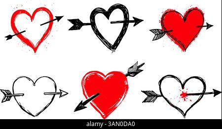 Cuori disegnati a mano perforati da frecce in stile rosso e nero su sfondo bianco, simboleggiano l'amore, la passione e il romanticismo. San Valentino, matrimonio Illustrazione Vettoriale