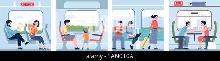Viaggio in treno. Persone in carrozze diverse. Viaggia con i mezzi pubblici, con una coppia singola e i passeggeri della famiglia. Recenti scene vettoriali dei viaggiatori ferroviari Illustrazione Vettoriale