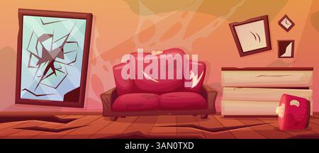 Camera sporca. Mobili morbidi e in legno danneggiati, divano con tappezzeria danneggiata, specchio rotto e dipinti. Casa dopo il terremoto, scena vettoriale di nowaday Illustrazione Vettoriale