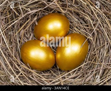 Tre uova dorate nel nido, vista dall'alto. Un concetto che rappresenta ricchezza, risparmio e sicurezza finanziaria. Foto Stock