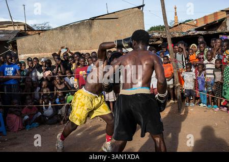 Pugilato nella baraccopoli del Katanga, Kampala, Uganda, Africa Foto Stock