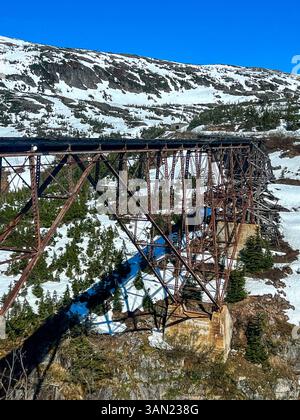 Questo ponte in acciaio abbandonato a White Pass, Alaska, si erge come un residuo storico della prima era ferroviaria. Una volta una parte cruciale del White Pass & Yuk Foto Stock