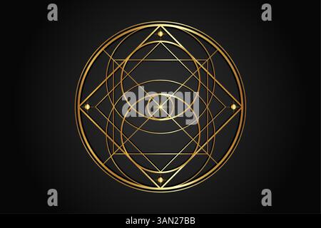 Vesica Piscis, geometria Sacra, logo geometrico dorato mistico al terzo occhio. Emblema occulto della Provvidenza, tutti vedevano protezione degli occhi, fortuna, magia Illustrazione Vettoriale