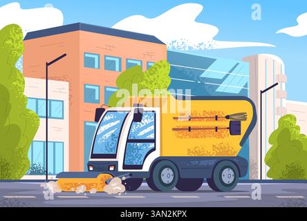 Spazzatrice stradale. Spazzatrici stradali lavatrici pulite città asfalto sporco, rimuovere la spazzatura pulizia camion igienizzazione servizio municipale strada urbana paesaggio illustrazione vettoriale di classe grafica originale Illustrazione Vettoriale