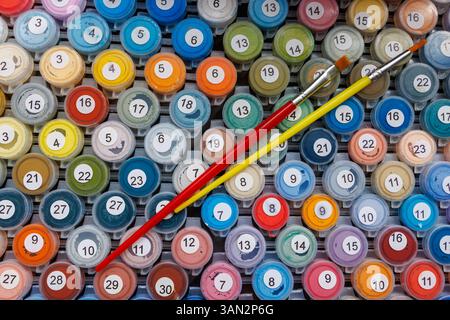 Molte vernici acriliche pastello in piccoli vasi di plastica con numeri e due spazzole. Hobby creativo. Pittura per numeri. Foto di alta qualità Foto Stock