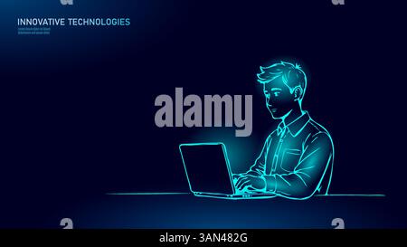 Un uomo lavora in un ufficio portatile. Tavolino del telefono cellulare per caffè. Formazione aziendale online freelance. Illustrazione vettoriale bianca con vista laterale della linea semplice Illustrazione Vettoriale