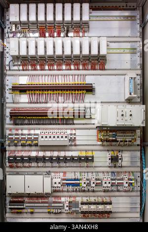 Disposizione dettagliata di un quadro elettrico che mostra i vari componenti e cablaggi utilizzati negli impianti elettrici Foto Stock