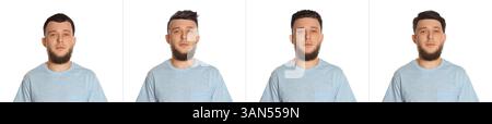 Uomo con diverse acconciature su sfondo bianco, collage di ritratti Foto Stock