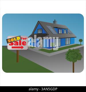 Moderna casa blu con pannelli solari sul tetto e un cartello di vendita nel cortile anteriore. Illustrazione Vettoriale