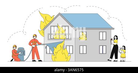 Vigili del fuoco che estinguono gli incendi domestici. Illustrazione vettoriale Illustrazione Vettoriale