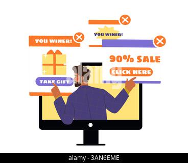 Uomo che fa clic su annunci pop-up falsi sullo schermo. Illustrazione vettoriale Illustrazione Vettoriale