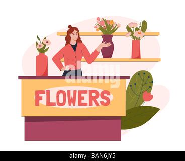 Donna fiorista in piedi al banco del negozio di fiori. Illustrazione vettoriale Illustrazione Vettoriale