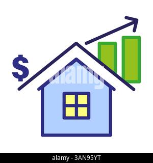 Icona del prezzo della casa. Valore immobiliare. Simbolo di aumento finanziario. Grafico delle proprietà vettoriali. Illustrazione Vettoriale