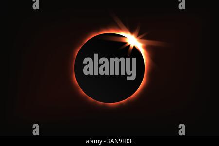 Eclissi solare totale. Cerchio nero con raggi luminosi. Cerchio solare realistico con luce su sfondo nero. Pianeta con luce parassita nello spazio. Illu vettoriale Illustrazione Vettoriale