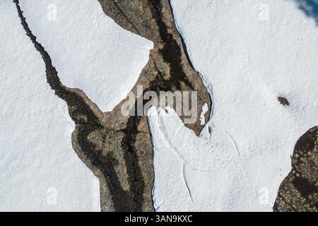 Una vista aerea con drone prospettico di ciaspole che si sciolgono in primavera e fluiscono dall'acqua dalla neve sciolta nel nord della California. Foto Stock