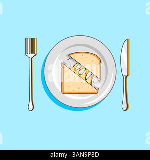 Illustrazione del formaggio a sandwich grigliato sul piatto fisso e sulla forchetta Illustrazione Vettoriale