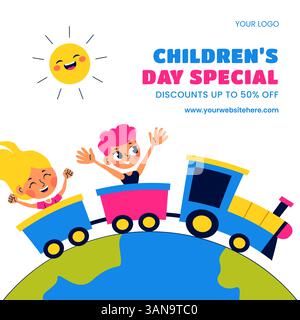 Celebrazione della giornata internazionale dei bambini Social Media in illustrazione in stile piatto disegnato a mano Illustrazione Vettoriale