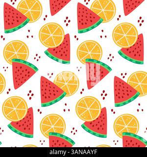 Schema senza cuciture di fette di anguria e fette di arancia con semi sparsi. Vivace design piatto per progetti estivi, tropicali o legati al cibo Illustrazione Vettoriale
