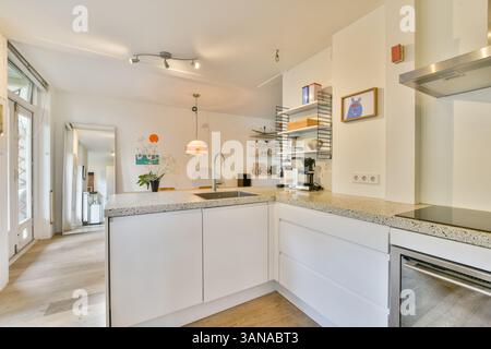 Una cucina moderna con eleganti mobili, illuminazione elegante e un layout aperto che migliora lo spazio complessivo. Ideale per un ambiente moderno e per l'estetica degli interni. Foto Stock