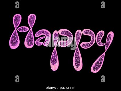 Doodle parole scritte Happy. Isolato su sfondo nero. Colore rosa. Lettere arrotondate. Presentano un contorno blu di diverso spessore in punti diversi. Pieno di cerchi e punti. Disegnare con inchiostro. Foto Stock