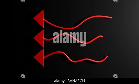 Tre frecce rosse ondulate 3d su sfondo nero, freccia direzionale in avanti Foto Stock