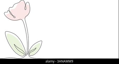 Bellissimo fiore con foglie. Un disegno a linea continua. Macchie di colore e piante minimaliste in stile lineare semplice. Illustrazione vettoriale. Mo. Disegnato a mano Illustrazione Vettoriale