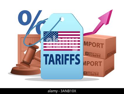 Tariffe USA con un cartellino del prezzo che mostra la bandiera americana, circondato da scatole di importazione, un martelletto, un segno di percentuale e una freccia verso l'alto. Illustrazione Vettoriale