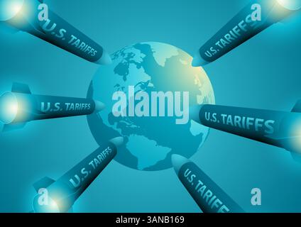 I missili etichettati come U.S. Tariffs lanciano e prendono di mira il pianeta Terra. La metafora rappresenta l'impatto globale delle politiche commerciali statunitensi Illustrazione Vettoriale